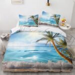 Parure de lit nature avec un paysage de plage avec des cocotiers, dans une chambre à coucher