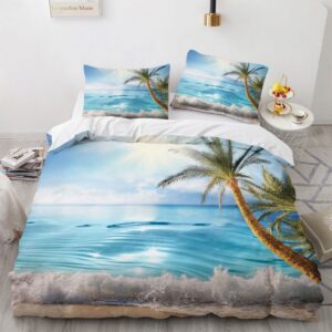 Parure de lit nature avec un paysage de plage avec des cocotiers, dans une chambre à coucher