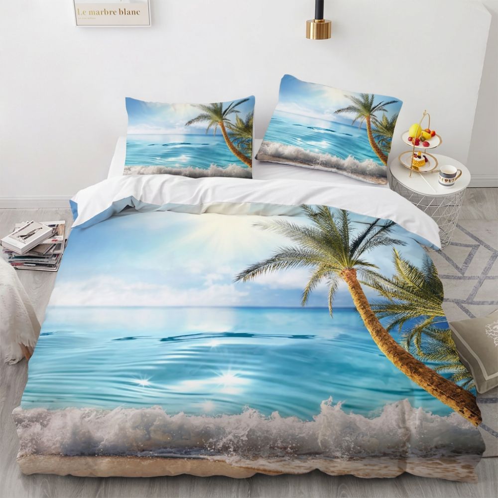 Parure de lit nature avec un paysage de plage avec des cocotiers, dans une chambre à coucher
