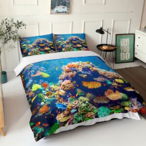 Parure de lit à imprimé nature marine et récif coralien, dans une chambre à coucher
