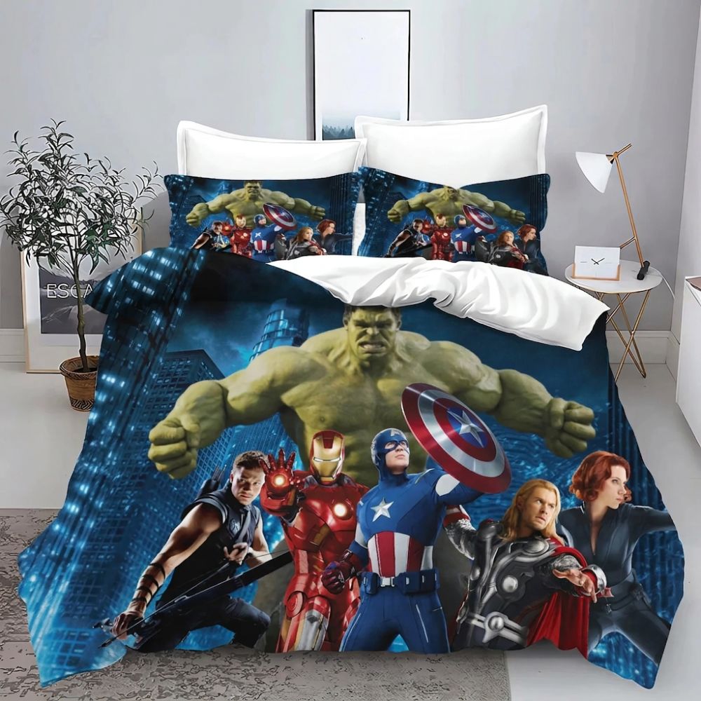 Parure de lit Avengers avec Hulk et l'équipe fondatrice, dans une chambre à coucher