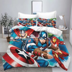 Parure de lit Avengers à l'effigie de Captain America, Thor et Iron Man, dans une chambre à coucher