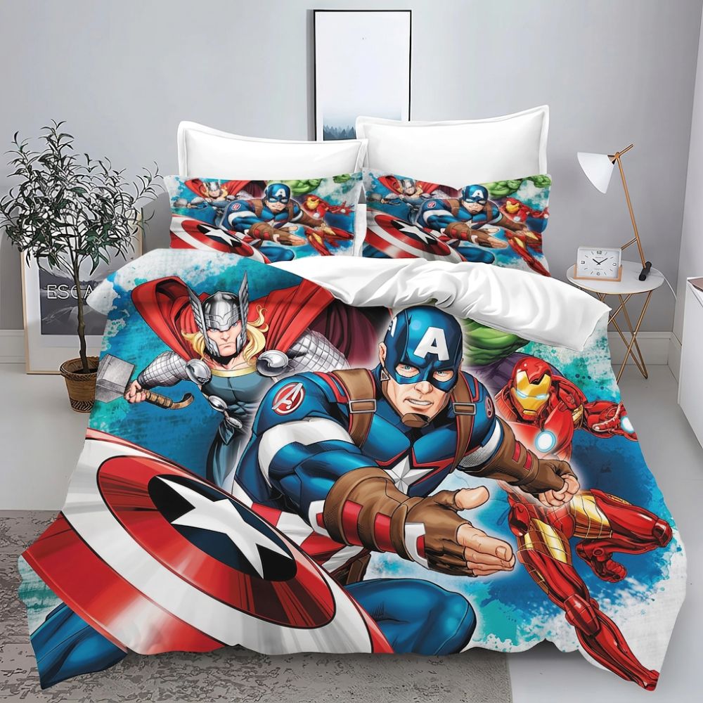Parure de lit Avengers à l'effigie de Captain America, Thor et Iron Man, dans une chambre à coucher