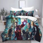 Parure de lit Avengers, mettant en scène la bataille de New York, dans une chambre à coucher
