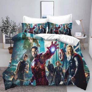 Parure de lit Avengers, mettant en scène la bataille de New York, dans une chambre à coucher
