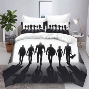 Parure de lit Avengers avec les silhouettes des héros en noir et blanc, dans une chambre à coucher