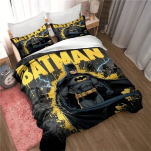 Parure de lit Batman jaune et noir, dans une chambre à coucher