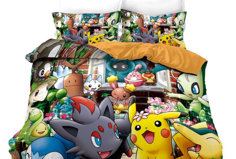 Parure de lit univers Pokémon, bonne qualité, confortable et à la mode sur un lit dans une maison