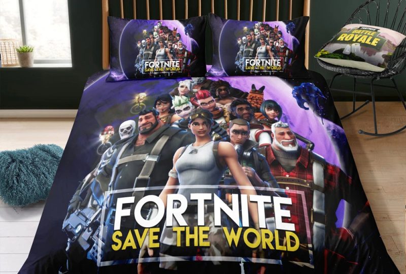 Parure de lit Fortnite save the world. Bonne qualité, confortable et à la mode sur un lit dans une maison