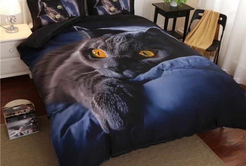 Parure de lit chat noir. Bonne qualité, confortable et à la mode sur un lit dans une maison