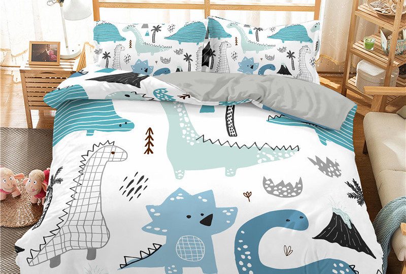 Parure de lit dinosaures bleus. Bonne qualité, confortable et à la mode sur un lit dans une maison