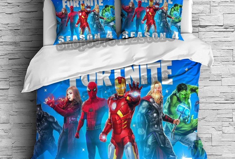 Parure de lit Fortnite Héro de Marvel. Bonne qualité, confortable et à la mode sur un lit dans une maison