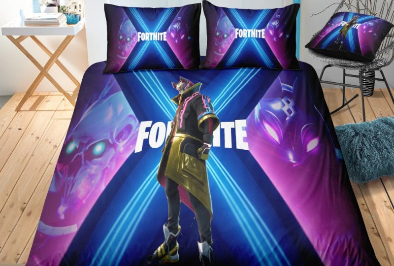 Parure de lit Fortnite violet bleu. Bonne qualité, confortable et à la mode sur un lit dans une maison