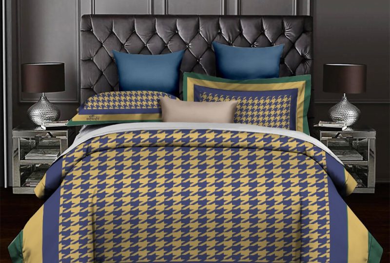 Parure de lit jaune carreaux violet style européen. Bonne qualité, confortable et à la mode sur un lit dans une maison