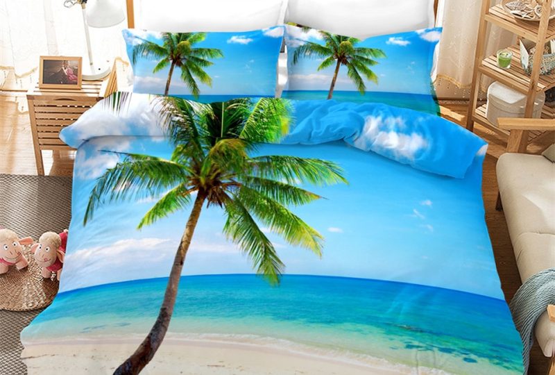 Parure de lit Caraïbes. Bonne qualité, confortable et à la mode sur un lit dans une maison