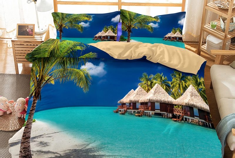 Parure de lit mer des Caraïbes. Bonne qualité, confortable et à la mode sur un lit dans une maison