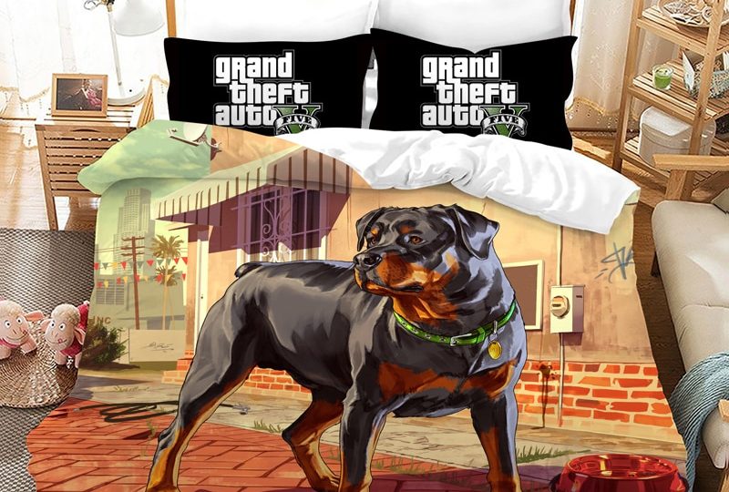 Parure de lit chien GTA. Bonne qualité, confortable et à la mode sur un lit dans une maison