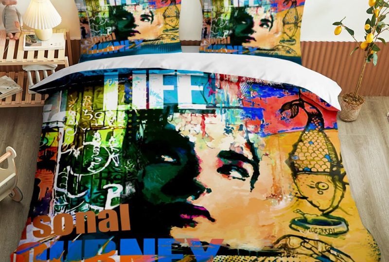 Parure de lit Hip Hop coloré avec visage femme. Bonne qualité, confortable et à la mode sur un lit dans une maison