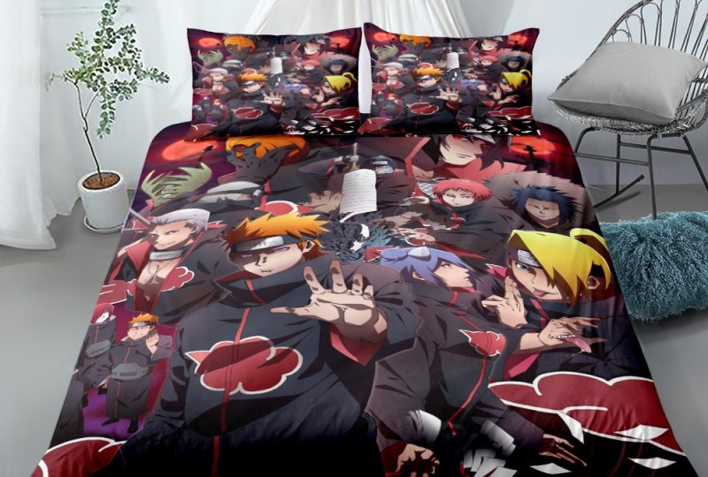 Parure de lit Akatsuki. Bonne qualité, confortable et à la mode sur un lit dans une maison