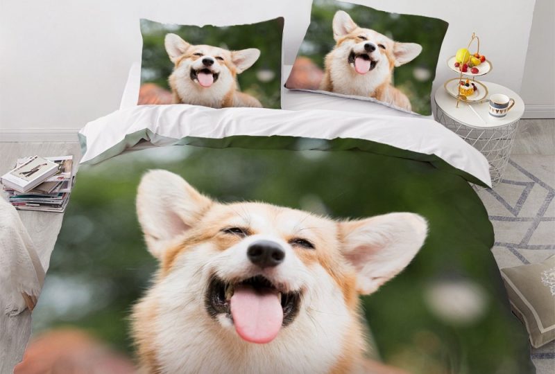 Parure de lit shiba qui sourit. Bonne qualité, confortable et à la mode sur un lit dans une maison