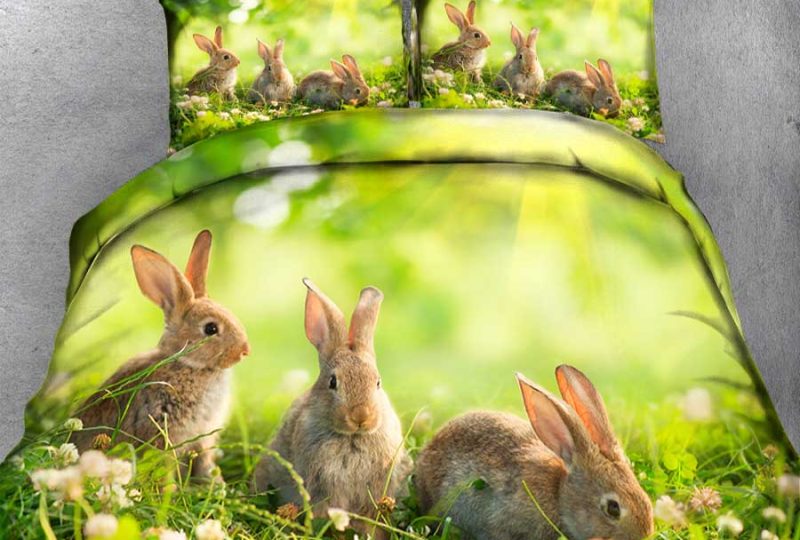 Parure de lit de trois lapins sur la prairie. Bonne qualité, confortable et à la mode sur un lit dans une maison