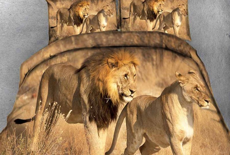 Parure de lit motif couple lion. Bonne qualité, confortable et à la mode sur un lit