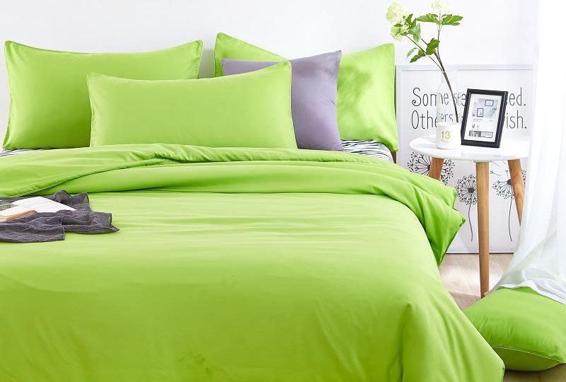Parure de lit vert pomme à motif zèbre. Bonne qualité, confortable et à la mode sur un lit dans une maison