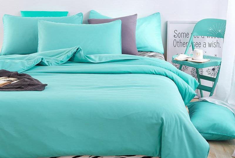 Parure de lit bleu turquoise motif zèbre. Bonne qualité, confortable et à la mode sur un lit dans une maison