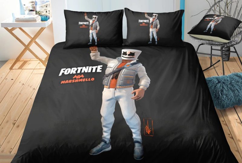 Parure de lit Marshmello Fortnite. Bonne qualité, confortable et à la mode sur un lit dans une maison