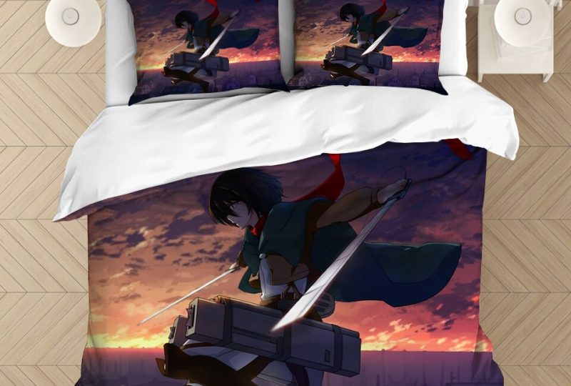 Parure de lit Mikasa Ackerman. Bonne qualité, confortable et à la mode sur un lit dans une maison