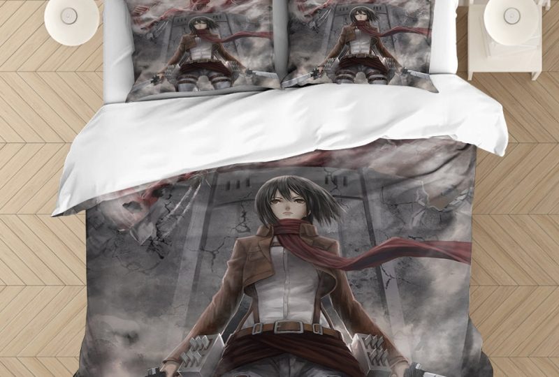 Parure de lit avec imprimé Mikasa Ackerman. Bonne qualité, confortable et à la mode sur un lit dans une maison