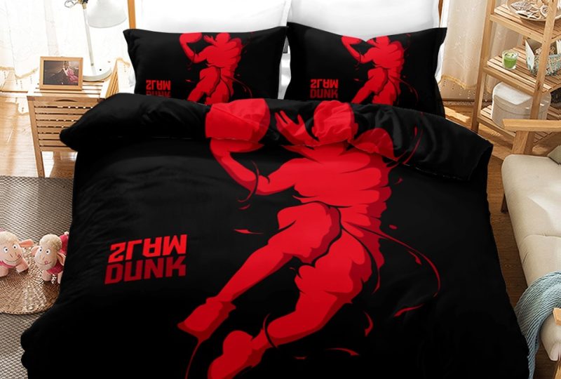 Parure de lit noir imprimé homme qui joue au basketball. Bonne qualité, confortable et à la mode sur un lit dans une maison