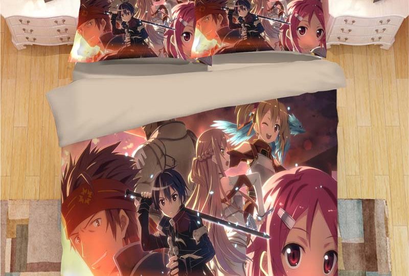 Parure de lit avec imprimé personnages de Sword Art Online. Bonne qualité, confortable et à la mode sur un lit dans une maison