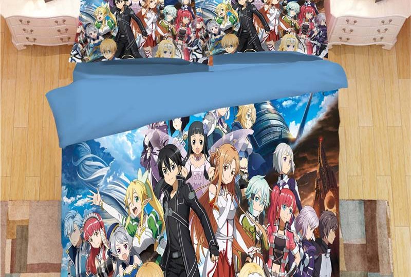 Parure de lit Sword Art Online à motif Kirito et sa bande. Bonne qualité, confortable et à la mode sur un lit dans une maison