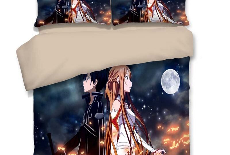 Parure de lit noir à motif Kirito et Asuna. Bonne qualité, confortable et à la mode sur un lit dans une maison