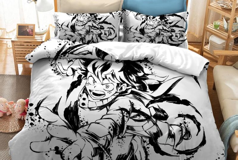Parure de lit blanche à motif Himiko Toga de My Hero Academia. Bonne qualité, confortable et à la mode sur un lit dans une maison