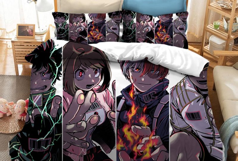 Parure de lit avec imprimé personnages de My Hero Academia. Bonne qualité, confortable et à la mode sur un lit dans une maison