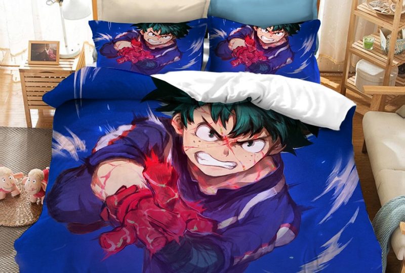 Parure de lit bleu à motif Midoriya Izuku en pleine attaque. Bonne qualité, confortable et à la mode sur un lit dans une maison