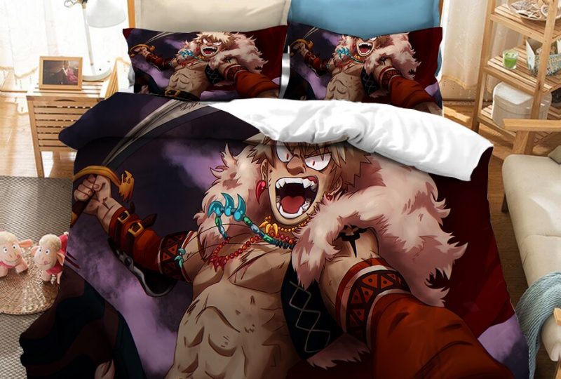 Parure de lit à motif Katsuki Bakugo en plein combat. Bonne qualité, confortable et à la mode sur un lmit dans une maison