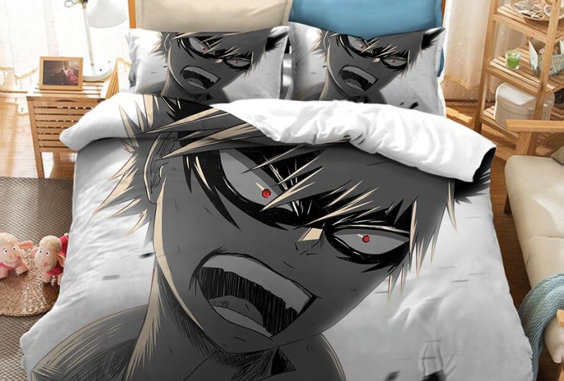 Parure de lit noir et blanc avec imprimé Katsuki Bakugo. Bonne qualité, confortable et à la mode sur un lit dans une maison