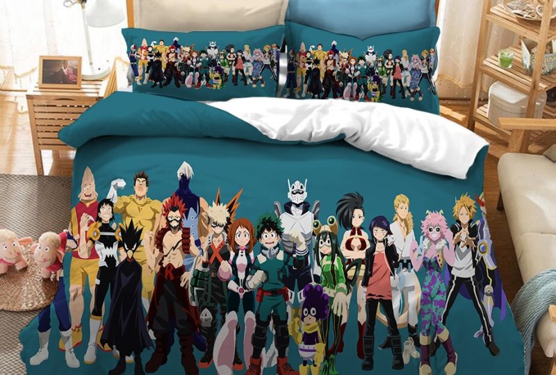 Parure de lit bleu canard à motif My Hero Academia. Bonne qualité, confortable et à la mode sur un lit dans une maison