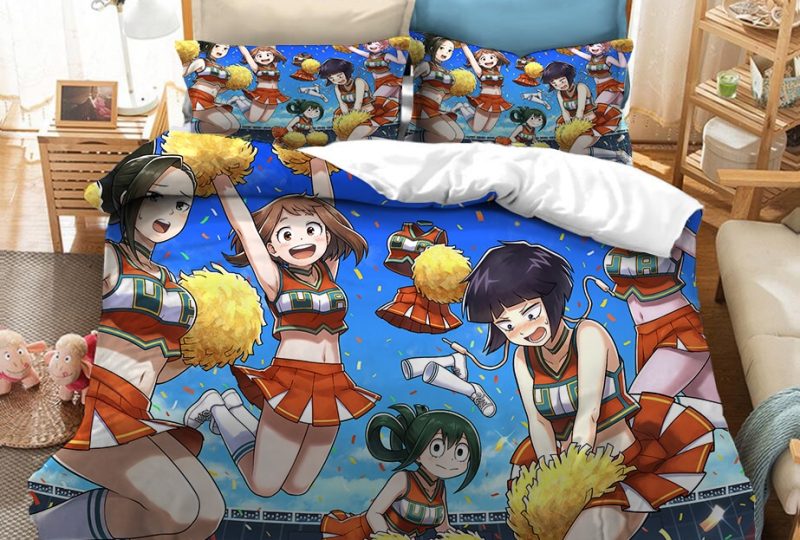 Parure de lit bleu à motif pom-pom girl My Hero Academia; Bonne qualité, confortable et à la mode sur un lit dans une maison