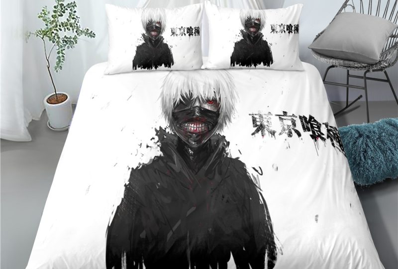 Parure de lit blanche à motif Ken Kaneki de Tokyo Ghoul. Bonne qualité, confortable et à la mode sur un lit dans une maison
