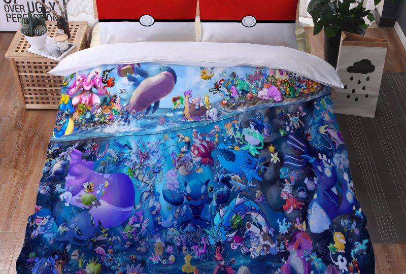 Parure de lit Pokémon de type eau. Bonne qualité, confortable et à la mode sur un lit dans une maison