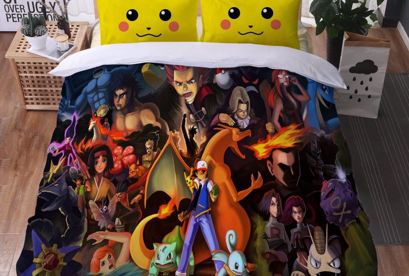 Parure de lit Pokémon avec dresseurs. Bonne qualité, confortable et à la mode sur un lit dans une maison