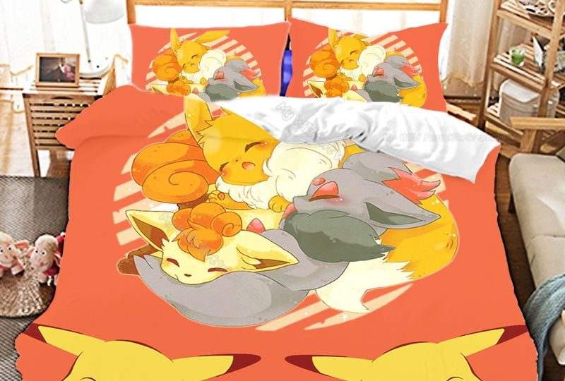 Parure de lit Pokémon endormi. Bonne qualité, confortable et à la mode sur un lit dans une maison
