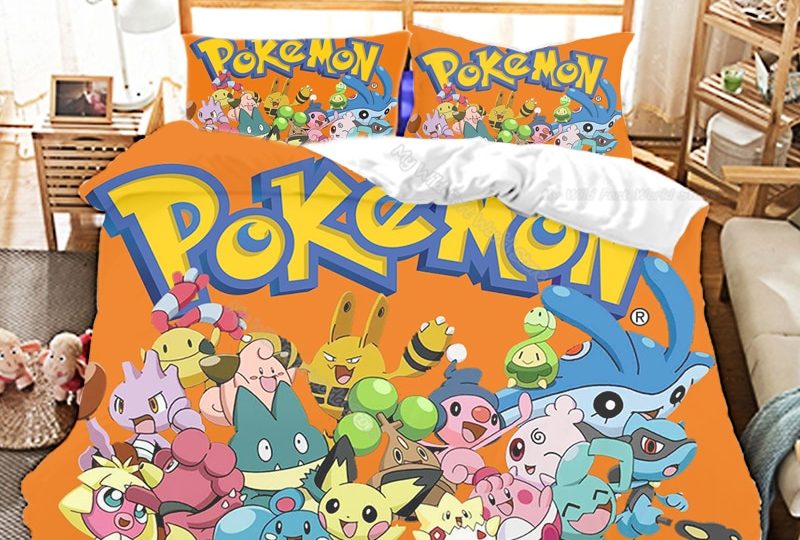 Parure de lit orange à motif Pokémon. Bonne qualité, confortable et à la mode sur un lit dans une maison