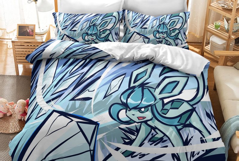 Parure de lit bleue Pokémon légendaire. Bonne qualité, confortable et à la mode sur un lit dans une maison