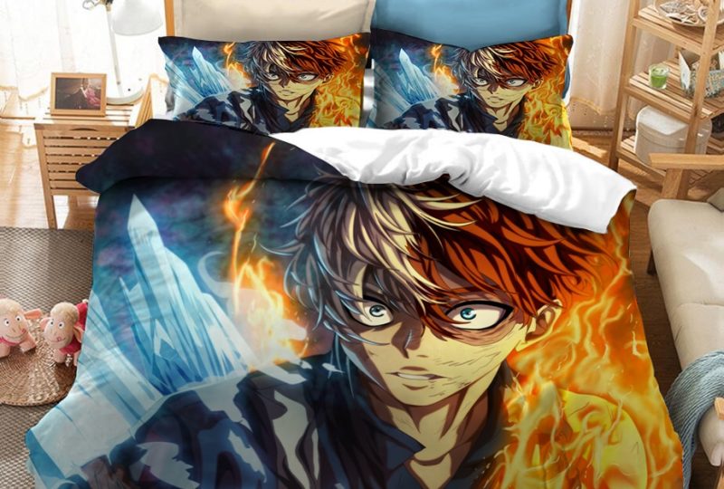 Parure de lit avec imprimé Shôto Todoroki. Bonne qualité, confortable et à la mode sur un lit dans une maison