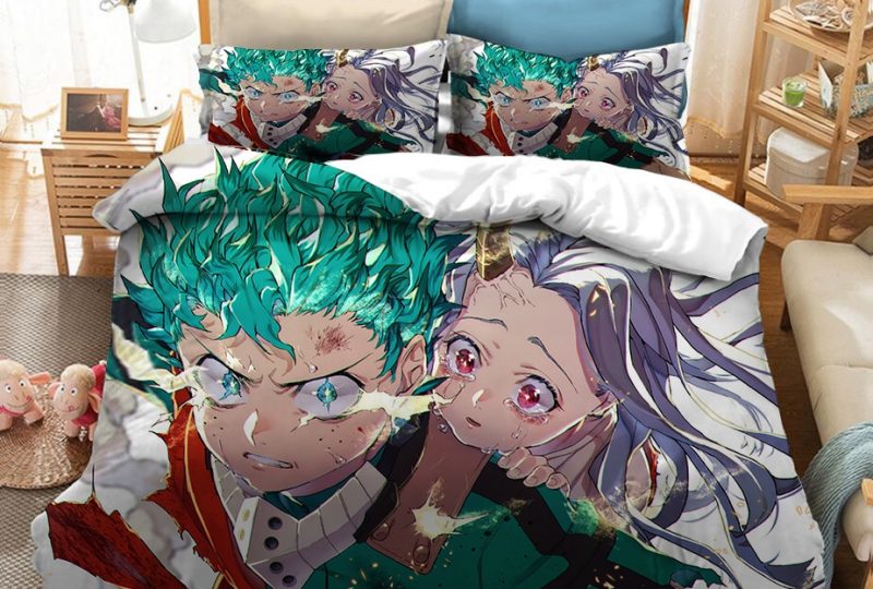 Parure de lit blanche Izuku et Eri. Bonne qualité, confortable et à la mode sur un lit dans une maison